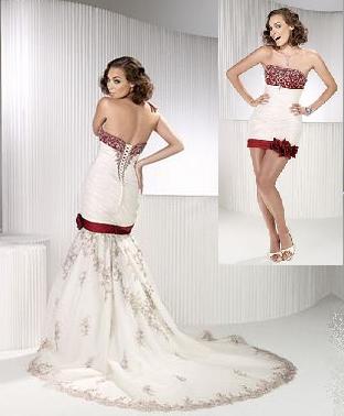 Convertible Embroidered Satin Fit And Flare Wedding Gown Strapless Convertible Embroidered Satin Fit And Flare Wedding Gown Shown With Red Accent Colour