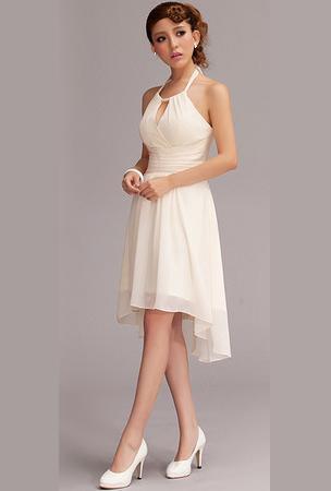 Halter Neckline Chiffon Asymmetrical Short Beach Wedding Dress