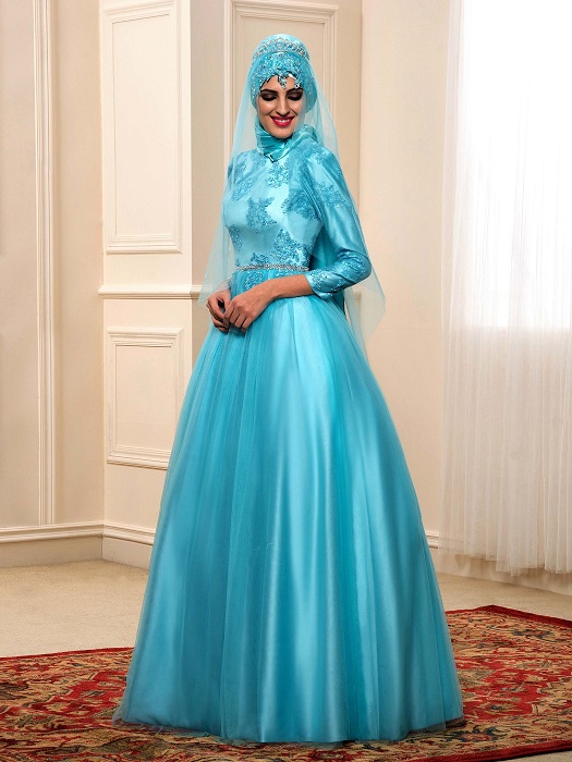 High Neckline Beautiful Satin And Tulle Embroidered Muslim Wedding