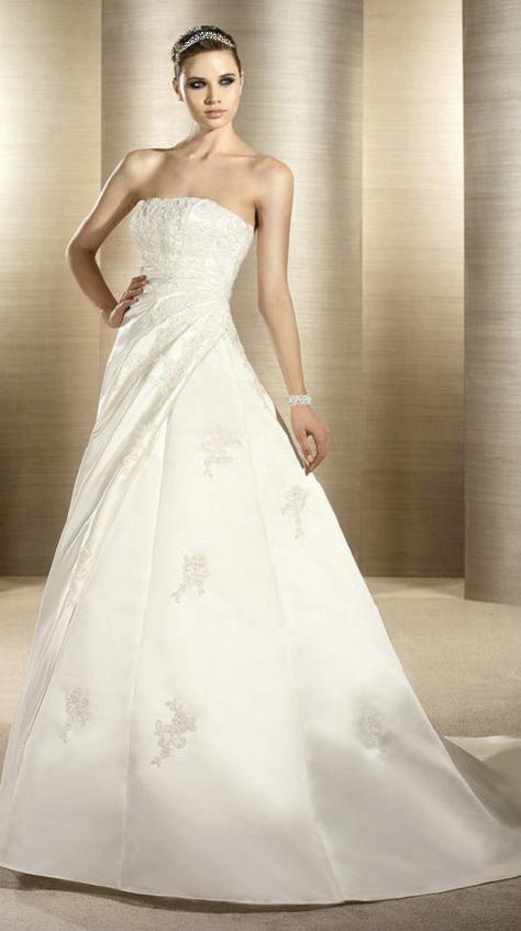 Satin and Lace Wedding Gown, strapless with lace and beading, sweep train