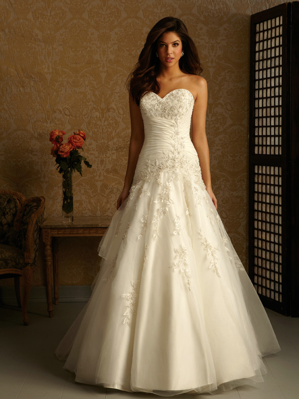Strapless Tulle Over Satin Sweetheart Neckline Fit And Flare Gown