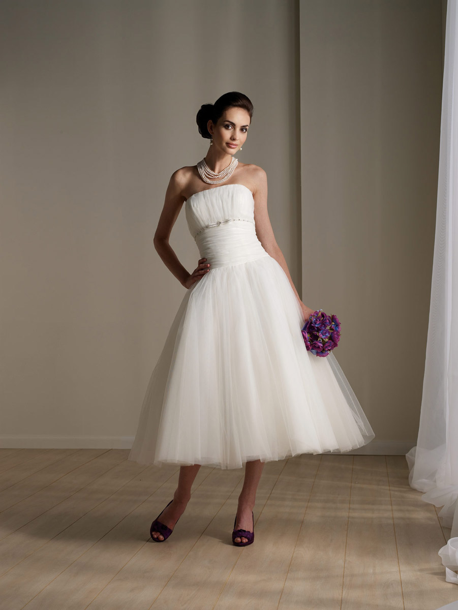 Tulle and Satin Tea Length Wedding Dress