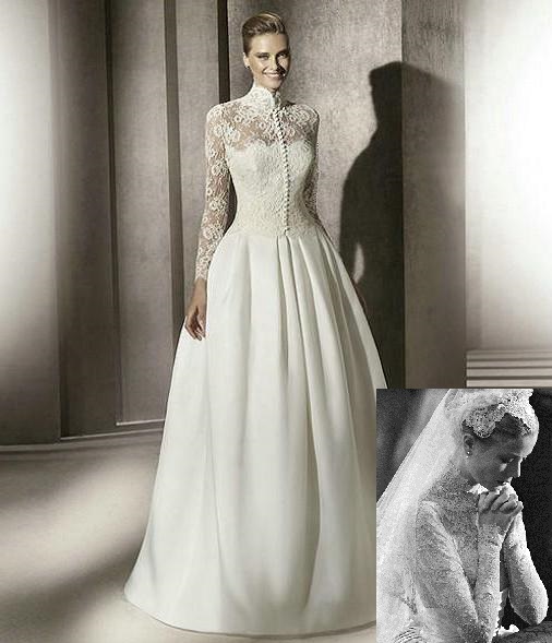 Satin and Lace Long Sleeved Wedding Dress